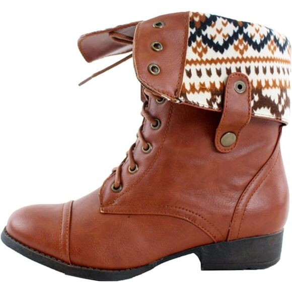 Women's Ankle Lace Up Combat Boots Bootie Two Way Fold Down Low Heels Cognac 6.5 - Picture 2 of 9
